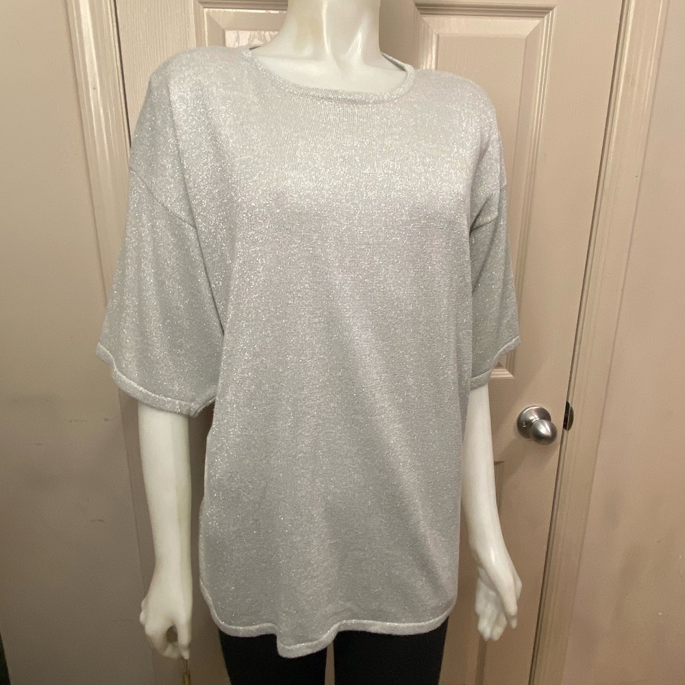 N.E.K. Primary Pieces Silver Sparkle Metallic Woven Shirt Top 3x
